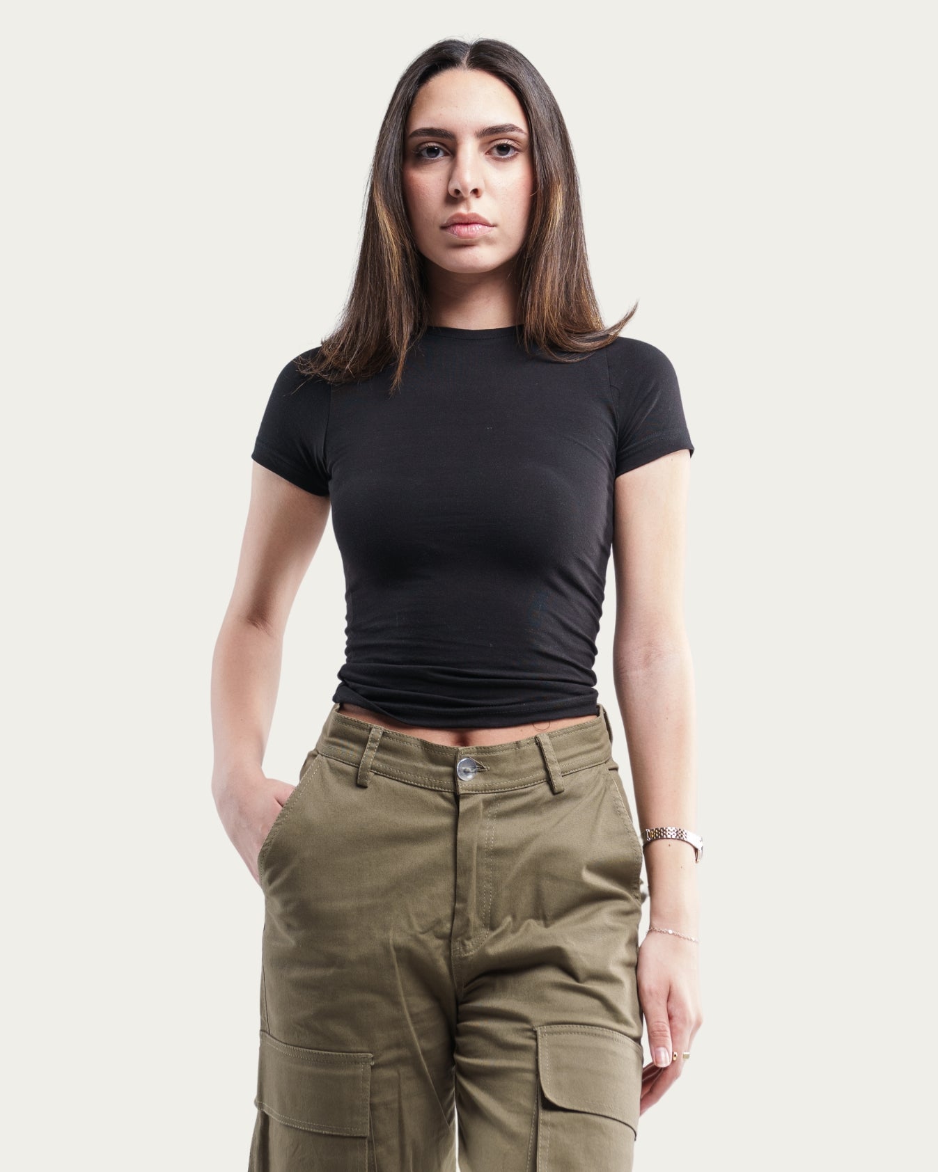 WOMEN’S BLACK STRETCH CREW TEE