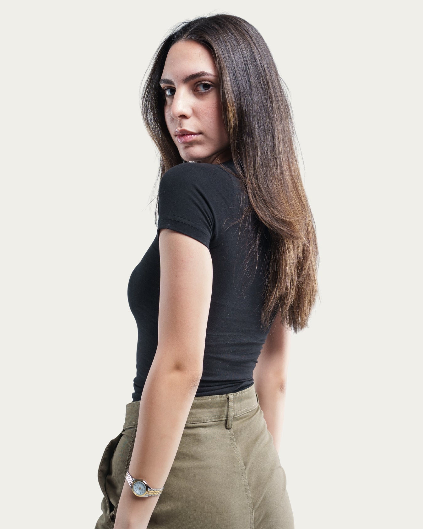 WOMEN’S BLACK STRETCH CREW TEE