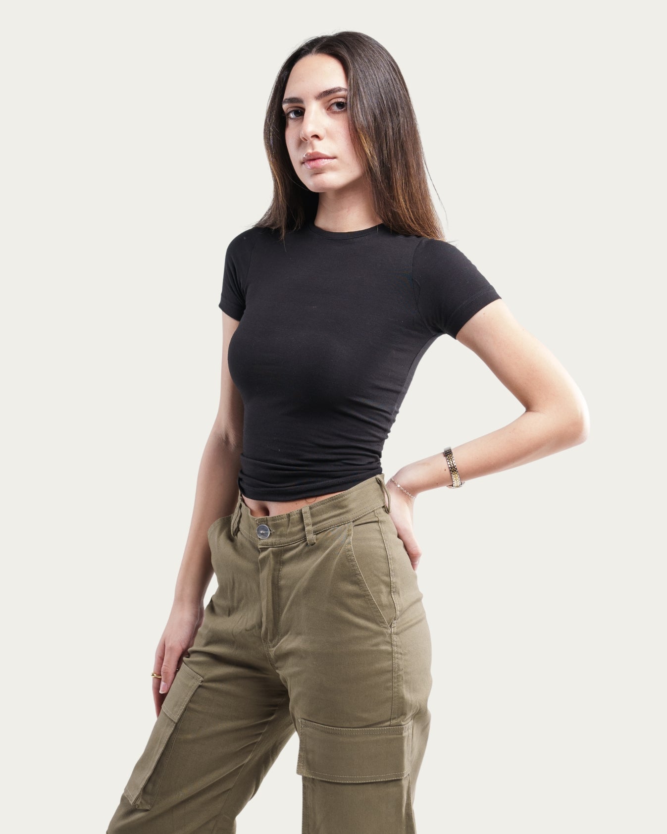 WOMEN’S BLACK STRETCH CREW TEE